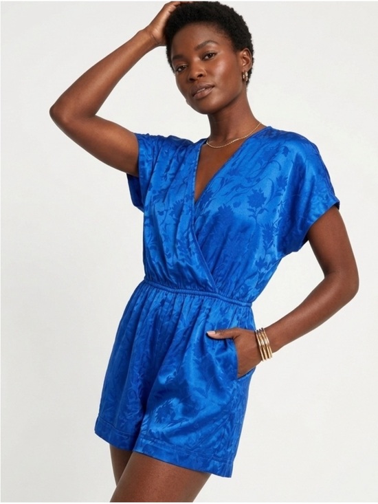 shore Pants - 🆕 shore Royal Blue Willow Romper Satin, Floral, Belted, Elastic Waist Sz. S